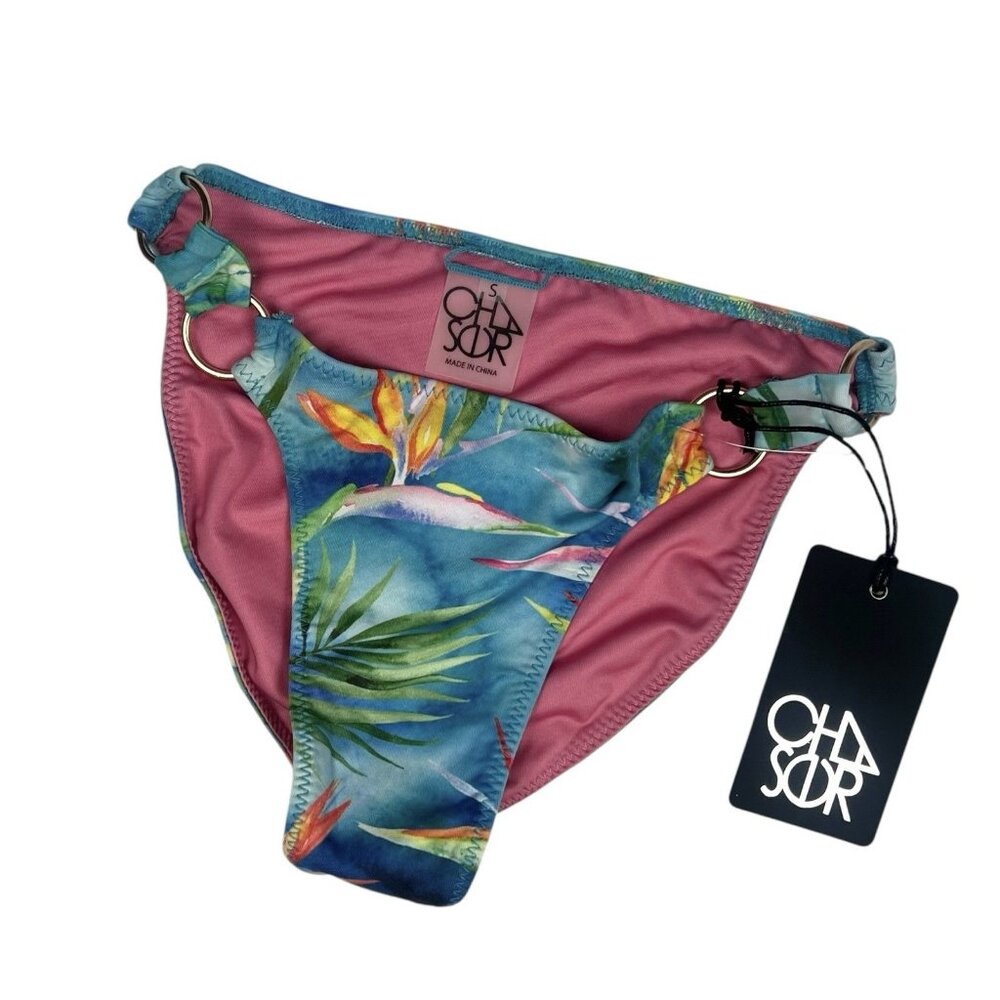 CHASER Bikini Bottoms Size Small Tropical Foliage Double Metal O Ring Straps